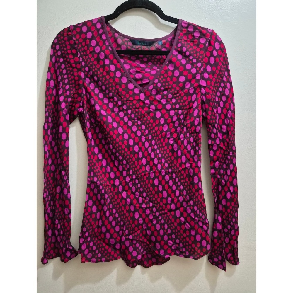 Boden Vintage Pink Magenta Polka Dot V-Neck Long Sleeve Top Size 12 Medium